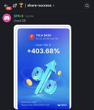The image is a screenshot of a trading app's interface, which shows an upward trend indicated by the blue arrow pointing upwards with a plus sign next to it. The post related to this image provides information about Trade Echo member SPX, who seems to be actively gaining 100%+ on his trades and stacking them together using Dealer Edge.