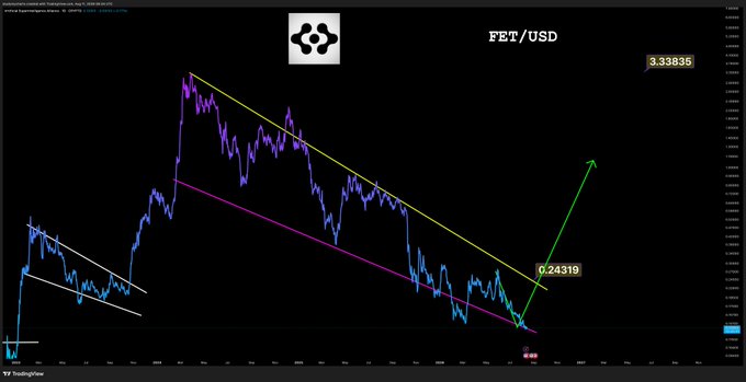 A TradingView chart of FET/USD showing price at 0.24319 after bouncing off a key support level, with a green arrow indicating potential upward movement toward the upper trendline resistance near 3.33835. The chart displays two descending wedge/channels (yellow and purple) suggesting the recent support bounce aligns with the "$FET on support" caption.