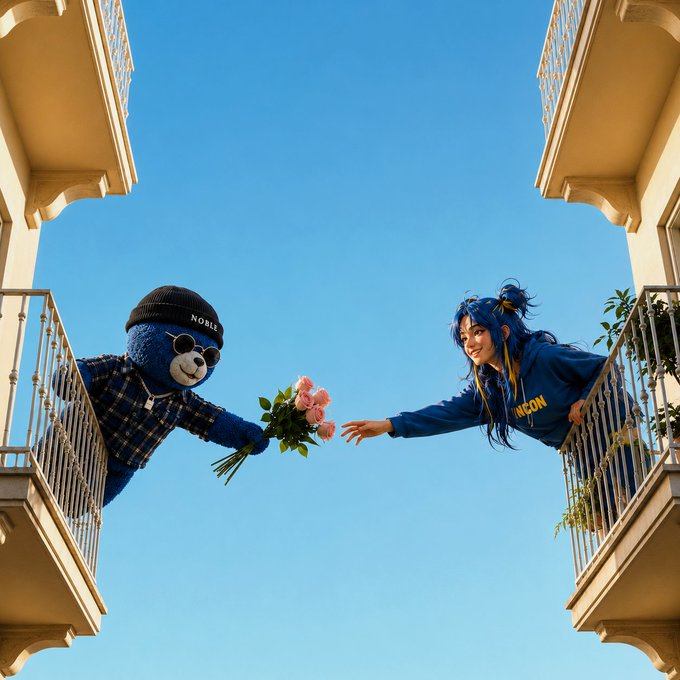 A promotional image showing a character in a blue NOBL bear costume on one balcony offering pink roses to a blue-haired anime-style cosplayer on an adjacent balcony across a clear blue sky.
