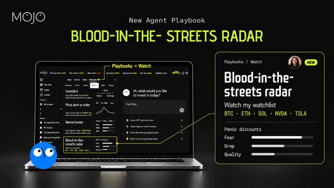 A promotional graphic for Mojo's new "Blood-in-the-streets radar" Agent Playbook showing a laptop interface with an AI assistant prompt "Hi, what would you like to invest in today?" alongside a watchlist panel featuring BTC, ETH, SOL, NVDA, and TSLA with metrics for Panic discounts, Fear, Drop, and Quality. The image illustrates the feature described in the post, which monitors assets for panic selling, unusual drawdowns, and investment opportunities during market downturns.