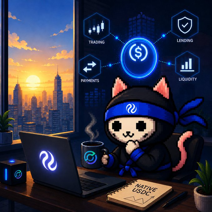 A pixel-art ninja cat character in blue ninja attire working at a laptop, surrounded by floating icons for "TRADING," "LENDING," "PAYMENTS," and "LIQUIDITY" with a "NATIVE USDC" notebook.