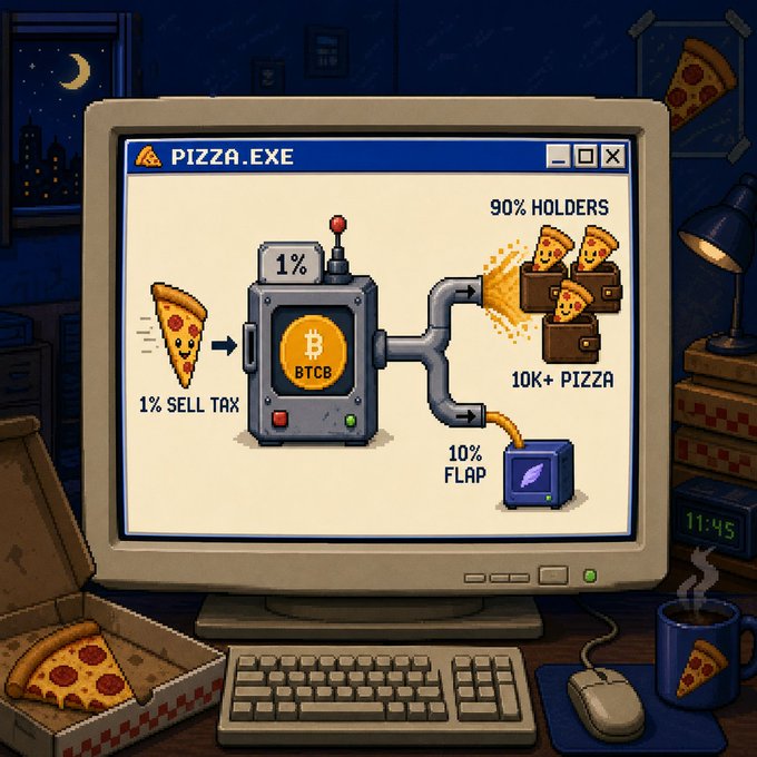 A pixel-art retro computer screen displays a diagram titled "PIZZA.EXE" showing a smiling pizza slice subject to a "1% SELL TAX," which feeds into a machine labeled "1%" and "BTCB," splitting the output so that "90% HOLDERS" receive "10K+ PIZZA" rewards while "10% FLAP" collects a portion—directly illustrating the post's breakdown of how $PIZZA's 1% sell tax is converted to BTCB and distributed to holders of 10,000+ tokens.