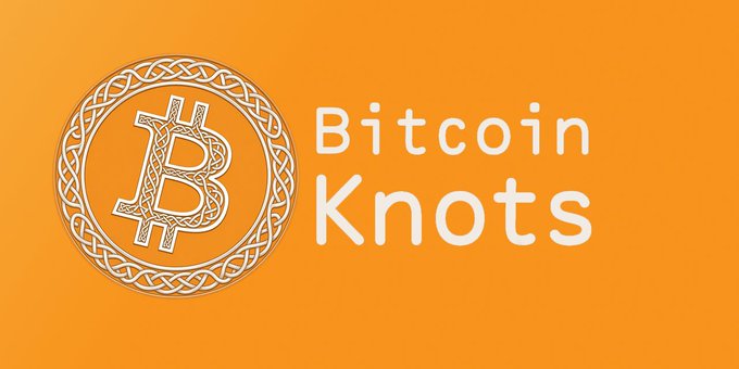 An orange background with a decorative Bitcoin "B" logo encircled by a Celtic knot pattern next to the white text "Bitcoin Knots".