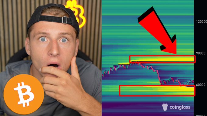 A shocked YouTuber with a Bitcoin logo reacts to a Coinglass heatmap chart, where a large red arrow points to key price levels highlighted at $60,000 and $90,000, emphasizing the "next Bitcoin move" highlighted in the video.