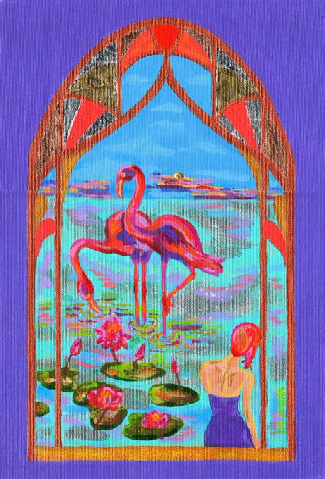 A vibrant acrylic painting framed by a stained-glass archway depicts a large pink flamingo wading in a turquoise pond dotted with lotus flowers, while a red-haired woman in a purple dress observes from the foreground; the artwork is signed "MIRIAM" in the bottom right and features metallic leaf accents throughout the arch. The scene's soft pink and purple tones align with the post's description of "Vanilla Fantasies," capturing the dreamy, sugar-pink quality of dawn mentioned in the caption.
