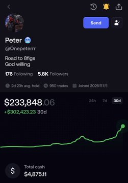 Robinhood portfolio screenshot for user 'Peter' (@Onepeterrr) showing a total value of $233,848.06, up $302,423.23, with an attached message 'Road to 8figs God willing'.