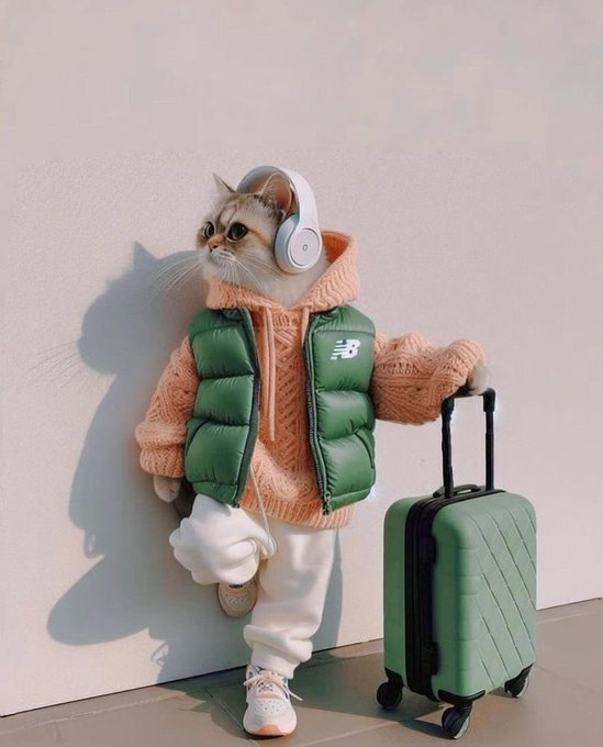 A cat wearing a green puffer vest, orange sweater, headphones, and white sneakers, standing next to a green suitcase.