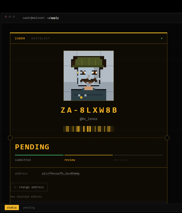 A ZADDR whitelist application page with a pixel art avatar, displaying the code "ZA-8LXW8B", the username "@0x_Zenox", and a pending review status bar, along with a shielded address "u1zcf4mnxxfk_3uv05m4p".