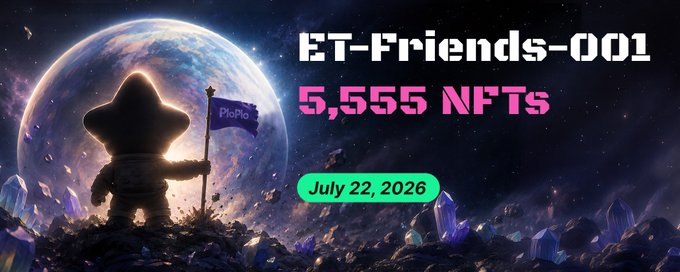 A cosmic scene shows a silhouetted character planting a "PloPlo" flag on a rocky, crystal-strewn alien landscape with a glowing planet in the background, alongside text reading "ET-Friends-001," "5,555 NFTs," and "July 22, 2026." The imagery mirrors the post's theme of an AI companion (PloPlo) staking its identity and presence in uncharted territory, visually symbolizing the project's exploration of persistent AI identity beyond traditional chatbot limitations.