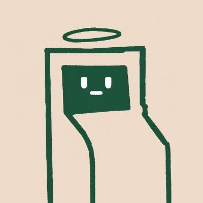 A simple digital drawing of a bottle or character with a halo on a beige background, featuring a small face with dot eyes on its green label.
