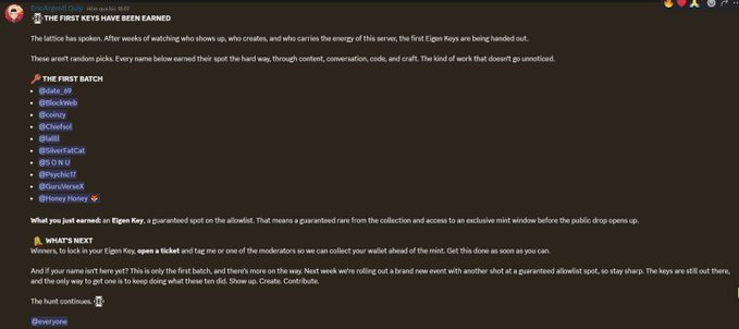 A Discord screenshot announcing 'THE FIRST KEYS HAVE BEEN EARNED,' listing recipients of 'Eigen Keys' and explaining the allowlist minting process.