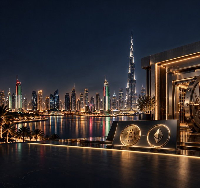 A nighttime view of Dubai's skyline featuring the Burj Khalifa, with a glowing display of the Bitcoin (₿) and Ethereum (Ξ) logos in the foreground, symbolizing Standard Chartered's new direct BTC and ETH trading services for professional clients in the UAE.