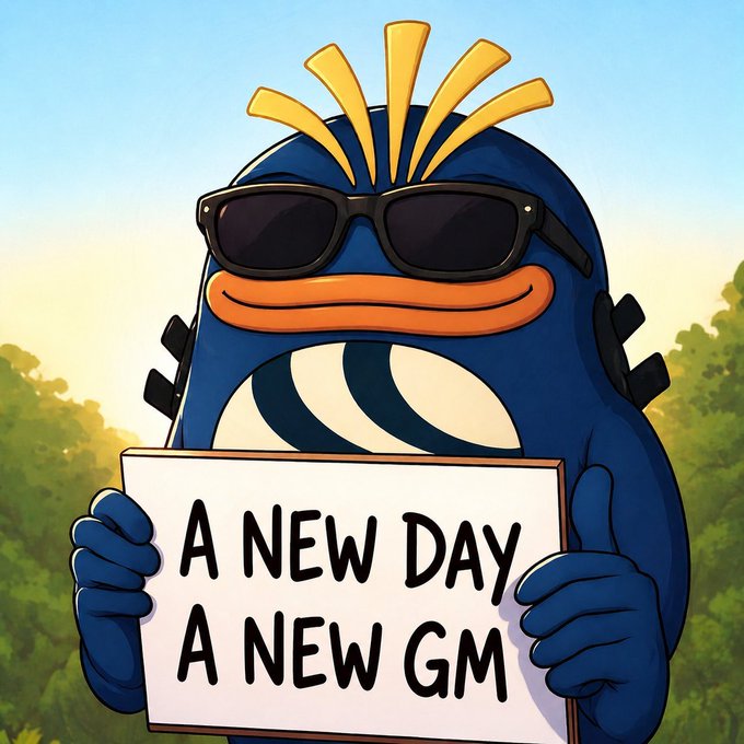 An illustrated blue bird-like character wearing sunglasses holds a sign reading 'A New Day A New GM'.