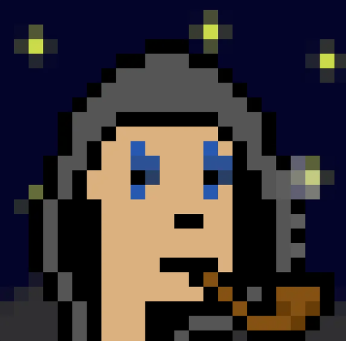 A pixel art image depicts a person with long dark hair, blue eyes, and a small mouth, holding what appears to be a brown pipe, set against a dark blue starry background.