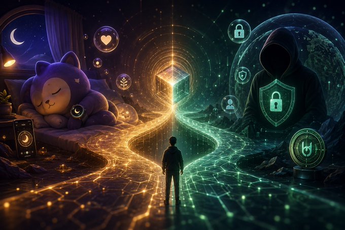 A digital artwork depicting a person standing at a crossroads between a warm, peaceful path with a sleeping purple cat and a dark path leading to a hooded figure with a padlock shield.
