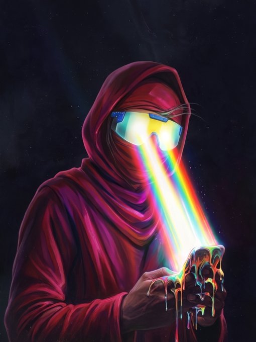 A digital artwork of a hooded figure in red wearing futuristic visor glasses, shooting rainbow-colored laser beams from their hands against a starry night background.