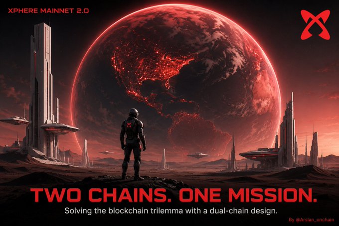 A sci-fi promotional image for 'XPHERE MAINNET 2.0' showing an astronaut looking at a red, lava-covered Earth with the tagline 'TWO CHAINS. ONE MISSION.'