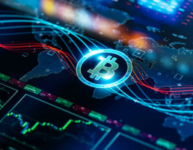 A stylized digital graphic showing a glowing Bitcoin symbol overlaid on a world map with red and blue data streams and a stock chart in the foreground.