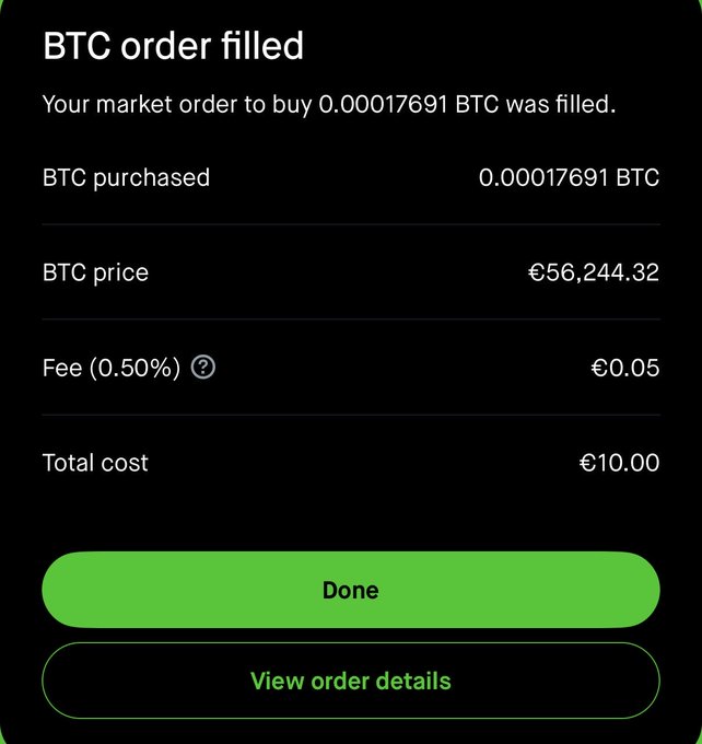 A mobile app confirmation screen for a BTC purchase, showing a market order filled for 0.00017691 BTC at €56,244.32, with a 0.50% fee of €0.05, totaling €10.00.