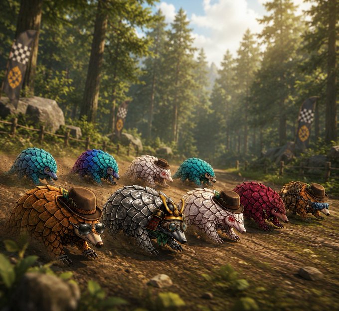 A whimsical scene of colorful armadillos wearing tiny hats racing on a dirt path in a forest.