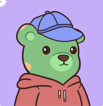 A cartoon illustration of a green bear wearing a blue cap and a red hoodie against a purple background.