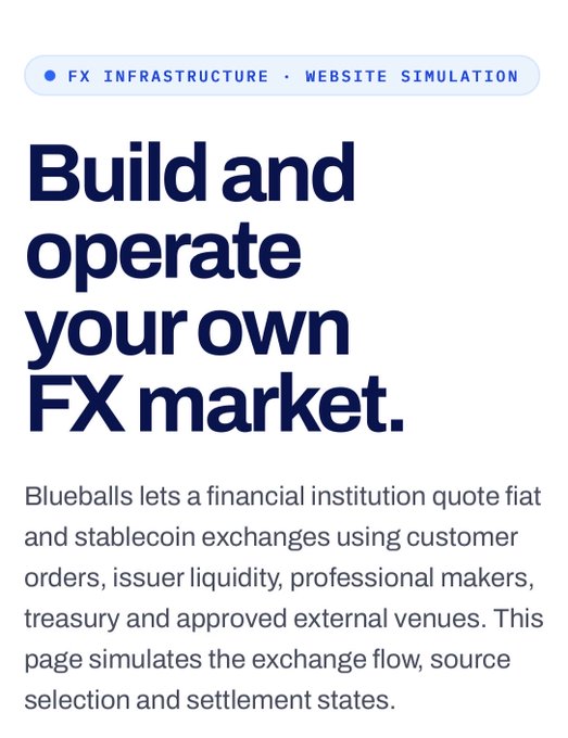Text-based graphic with header 'FX INFRASTRUCTURE · WEBSITE SIMULATION' and main heading 'Build and operate your own FX market.' followed by descriptive text about Blueballs exchange platform.