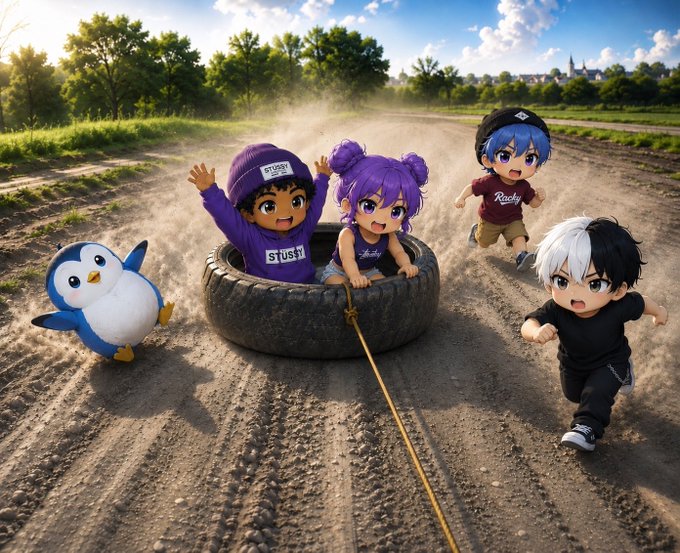 An anime-style illustration showing chibi characters in a tire on a dirt road being pulled, accompanied by a penguin and other anime characters running alongside.