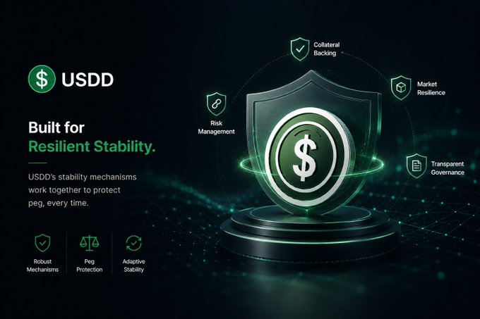 A promotional graphic for "USDD - Built for Resilient Stability", highlighting features like Robust Mechanisms, Peg Protection, Adaptive Stability, Collateral Backing, Risk Management, Market Resilience, and Transparent Governance, with a glowing green shield and dollar sign emblem.