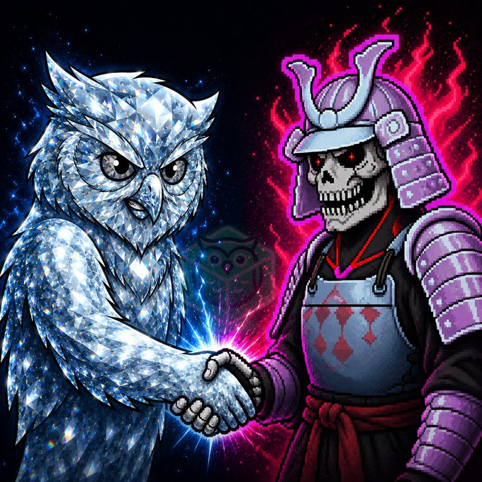 A pixel art style illustration depicting a crystalline owl-like figure shaking hands with a skeletal samurai wearing pink and purple armor, with a cosmic starry background.