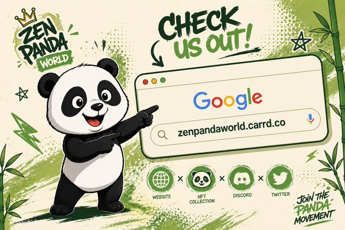 The image features a cartoon panda character pointing towards a Google search bar, with the text "check us out!". The panda appears to be holding up a sign that says "ZenPandaWorld now has a home". The background of the image is green and white, which complements the panda's appearance.

The post also mentions that ZenPandaWorld has an official website where one can explore the project, discover the pandas, follow their journey, and stay updated as they continue building. Additionally, there are several social media handles visible in the image, including "1111 hand-drawn pandas", which could be related to the panda character or ZenPandaWorld's overall theme.

The post also includes a link to the ZenPandaWorld website, indicating that it is a direct invitation for people to check out their project and learn more about it.