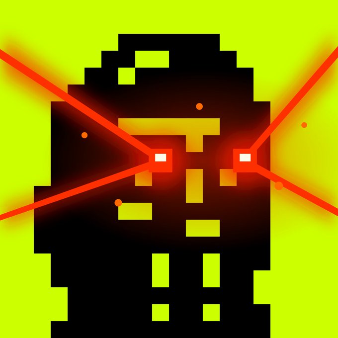 A pixel-art skull with glowing red eyes emitting laser beams against a lime-green background, symbolizing a bullish "GM" (Good Morning) crypto greeting with a "Higher" price prediction in mind.