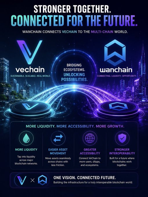 The image features two blue and purple logos for VeChain and Wanchain, both located at the center of a city skyline with buildings visible in the background. The text above the logos reads "Stronger together. Connected for the future." Below these logos are descriptions of what each company does, including more liquidity, better interoperability, and increased growth.