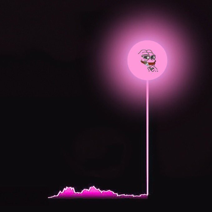 A minimalist dark image featuring a pink glowing circle containing a simple cartoon drawing of a creature, connected by a vertical pink line to a pink mountain-like shape at the bottom.