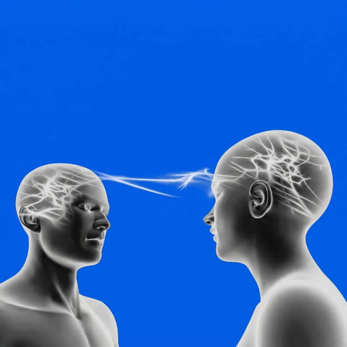 A digital illustration of two white, faceless humanoid heads facing each other against a blue background, with electrical energy or thought waves connecting their exposed brain areas.