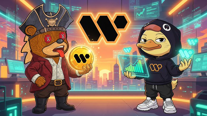 A cartoon-style crypto illustration showing a pirate bear and a duck in a hoodie standing in a neon cityscape, with a 'W' logo between them and a gold coin displaying the same symbol.