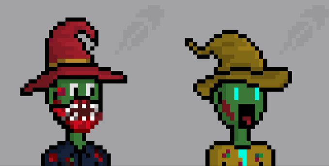 A pixel art image showing two green-skinned zombie wizard characters with stitched-together features—one wearing a red pointed hat and the other a brown wide-brimmed hat—likely serving as NFT profile art for a giveaway promotion requiring participants to drop their Ethereum wallet.