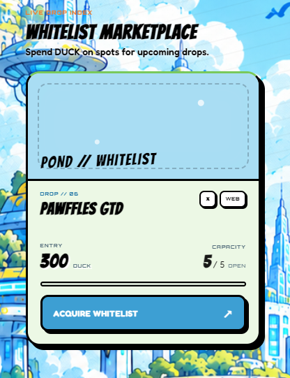 Mobile game screen titled 'WHITELIST MARKETPLACE' from McDuck, showing a 'PAWFFLES GTD' drop entry costing 300 DUCK with 5/5 capacity open, and an 'ACQUIRE WHITELIST' button.