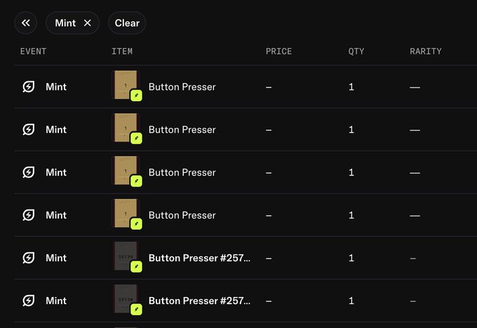 A transaction history showing six "Mint" events for "Button Presser" NFTs (including editions #257) with zero prices and a quantity of 1, illustrating the rapid minting spree referenced in the post about the project's floor price dropping.