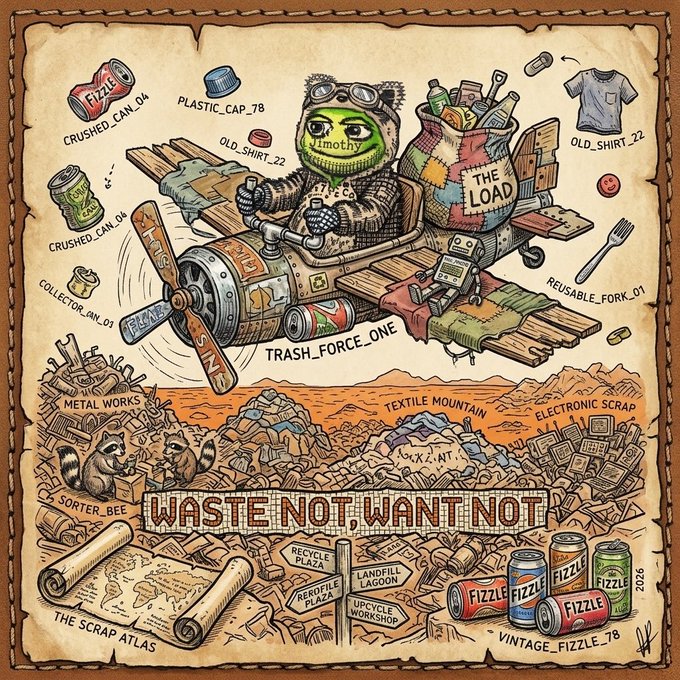 A detailed illustrated poster titled 'WASTE NOT, WANT NOT' depicting a character named 'Timothy' piloting a makeshift flying machine labeled 'TRASH_FORCE_ONE' above piles of recycled materials like 'TEXTILE MOUNTAIN' and 'ELECTRONIC SCRAP'.