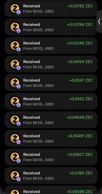 A mobile screen displays a series of Zcash (ZEC) cryptocurrency 'Received' transactions from the address 5KXD...K61D, with amounts ranging from +0.03155 to +0.05627 ZEC.