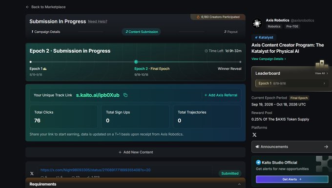 A dashboard for the Kaito Content Creator Program for Axis Robotics, displaying 'Submission in Progress' for Epoch 2 with a unique track link and zero sign-ups.