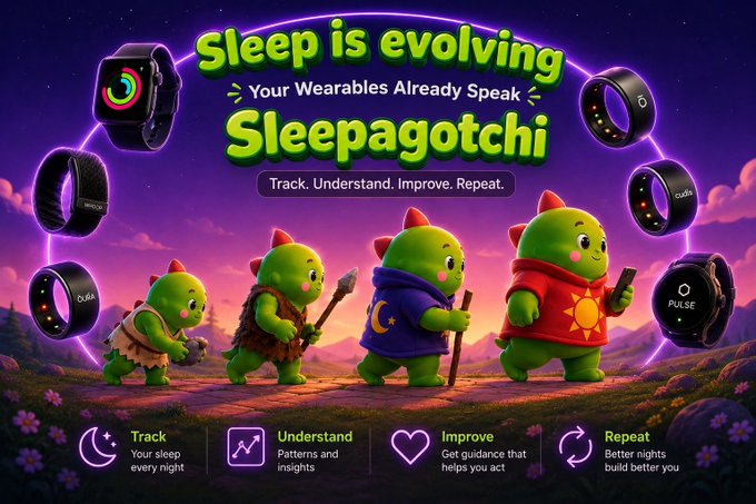 A vibrant promotional banner for "Sleepagotchi" reads "Sleep is evolving — Your Wearables Already Speak — Track. Understand. Improve. Repeat." and features an evolution-style lineup of green cat-like creatures progressing from a primitive stone-club-wielding form to a modern hoodie and smartphone-using character, surrounded by various fitness/sleep tracker rings, illustrating the concept of gamifying sleep tracking by turning nightly rest into an evolving digital companion habit.