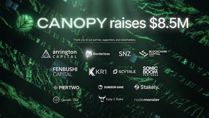 A promotional graphic announcing 'CANOPY raises $8.5M' with a thank you message to partners, followed by logos of various investment and crypto-related companies like Arrington Capital, Borderless, SNZ, Blockchain Capital, Fenbushi Capital, KR1, SCVTALE, Sonic Boom Ventures, Piertwo, Dungeon Game, Stakely, Operator Hub, Easy 2 Stake, and nodemonster.