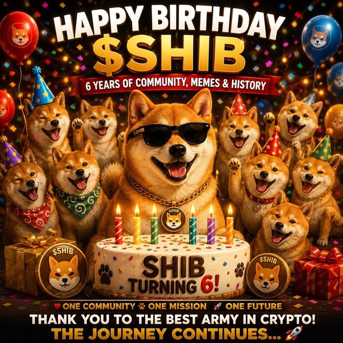 A festive birthday graphic celebrating $SHIB turning 6, featuring a crowd of smiling Shiba Inu dogs in party hats and sunglasses around a cake that reads 'SHIB TURNING 6!' with text 'HAPPY BIRTHDAY $SHIB - 6 YEARS OF COMMUNITY, MEMES & HISTORY'.