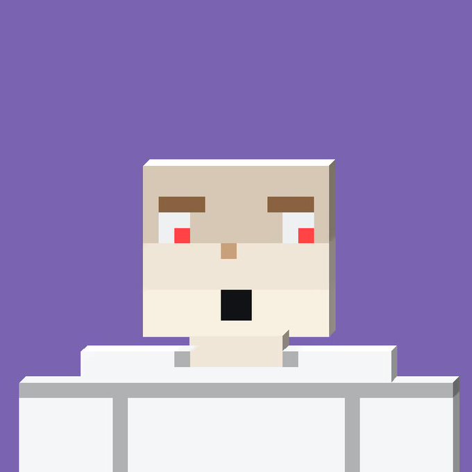 A pixel art character with a pale face, brown eyebrows, and red eyes appears to be lying down on a white surface against a purple background, with an open mouth as if in shock.