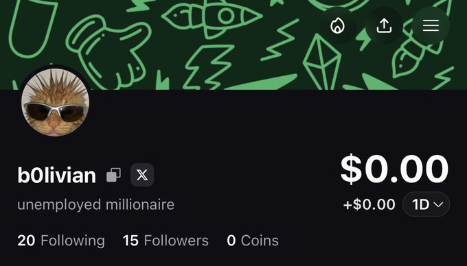 A profile page for "b0liviian" (bio: "unemployed millionaire") shows $0.00 balance with 0 coins, 20 following, and 15 followers. The image appears ironic given the user's promise to demonstrate successful trading on pump.fun while currently displaying no holdings or earnings.