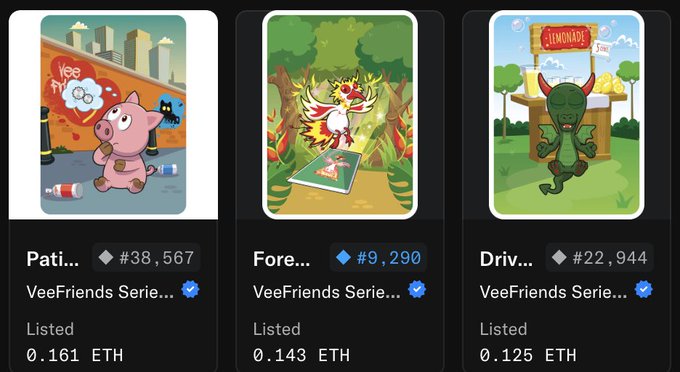 A screenshot of three VeeFriends Series NFT listings on OpenSea, showing characters named Pati... (#38,567 at 0.161 ETH), Fore... (#9,290 at 0.143 ETH), and Driv... (#22,944 at 0.125 ETH).