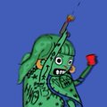 A simple digital drawing of a green, scarred creature with bunny ears holding a red rose against a blue background.