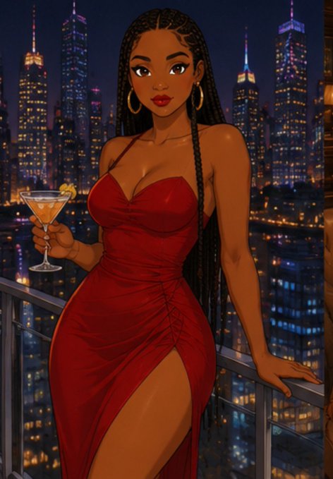 An animated illustration of a woman with long braids wearing a red dress, holding a martini glass on a balcony overlooking a city skyline at night.