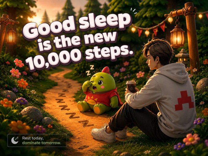 A whimsical illustration shows a young man sitting on a forest path next to a sleeping green plush character, with the text 'Good sleep is the new 10,000 steps.' and 'Rest today, dominate tomorrow.'